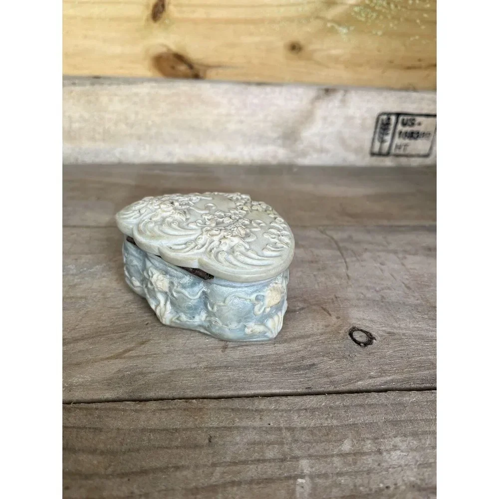 Vintage Genuine Incolay Blue Green Stone Heart Shape /Roses  Jewelry Trinket Box